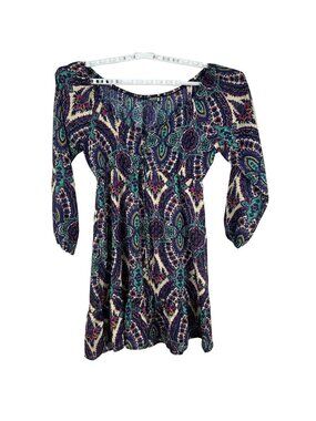 Earthbound Trading Co Boho Tunic Dress Women’s Large 3/4 Sleeve Paisley Print
